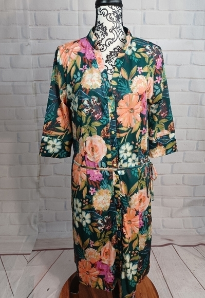 Vfish button front floral print tie waist stretch dress size xl